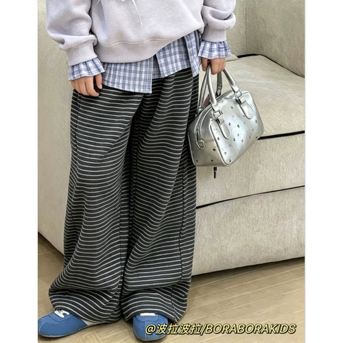 波拉bora儿童装秋季男生女孩韩系条纹休闲裤中大青少年百搭直筒裤