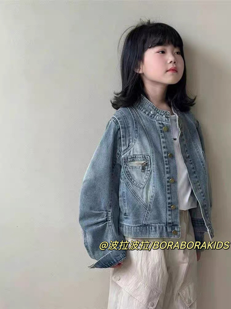 现货特价实体店儿童装春季波拉男生女孩小中大短款工装牛仔衣外套