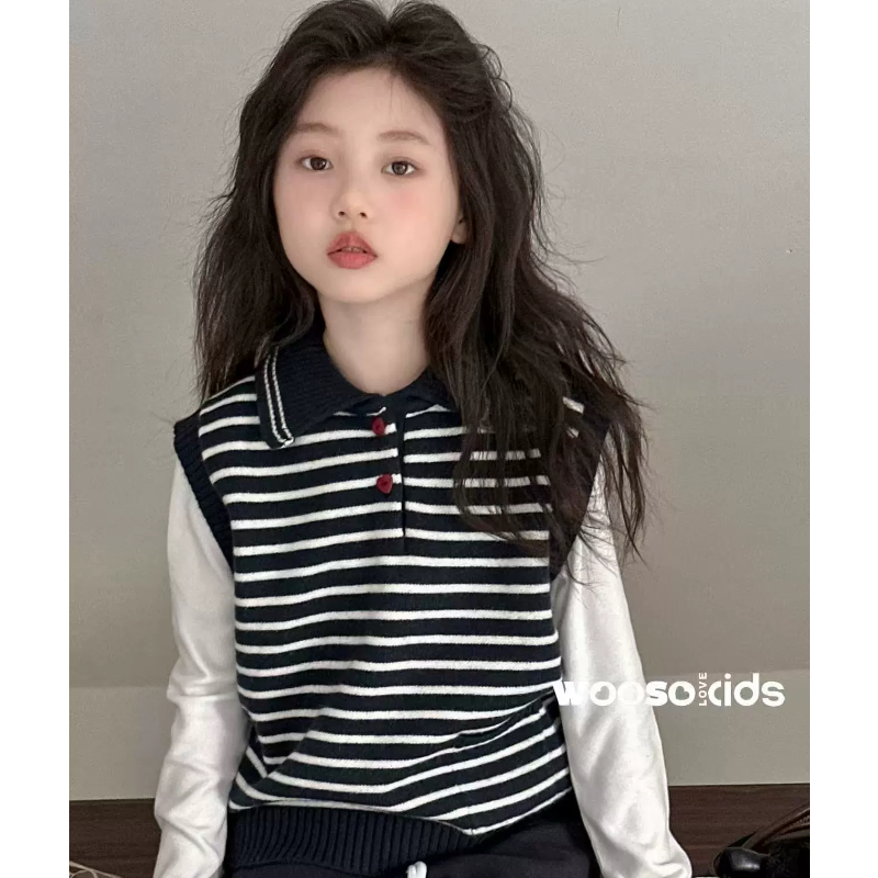 现货特价实体店儿童装秋男女孩条纹polo翻领针织毛衣坎肩背心马甲