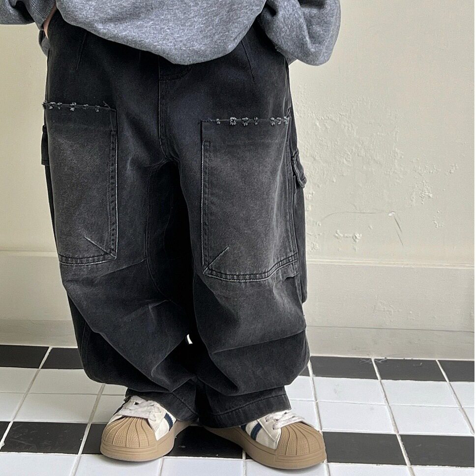 童装春款儿童微锥牛仔长裤韩国潮款童裤大口袋磨破做旧男童牛仔裤