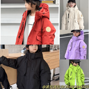 实体店儿童装男孩女童加厚连帽90白鸭绒冲锋衣工装派克羽绒服外套