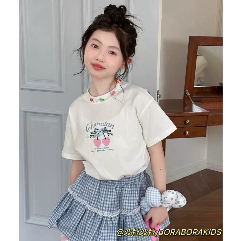 波拉bora儿童装夏季款女孩女童中大童青少年亲子樱桃上衣短袖T恤
