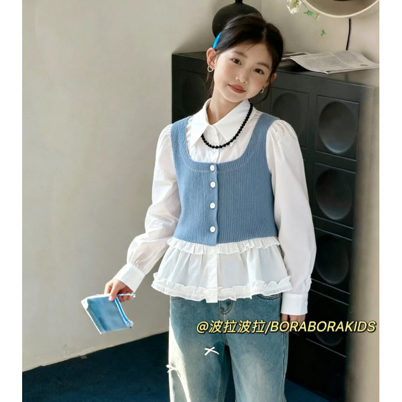 波拉实体店儿童装中大女孩衬衫春青少年宫廷假两件娃娃领亲子上衣