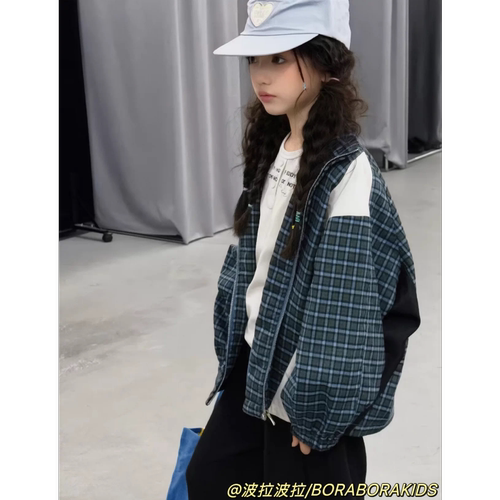 波拉bora儿童装女孩棒球服秋季亲子装格子夹克初中生运动上衣外套