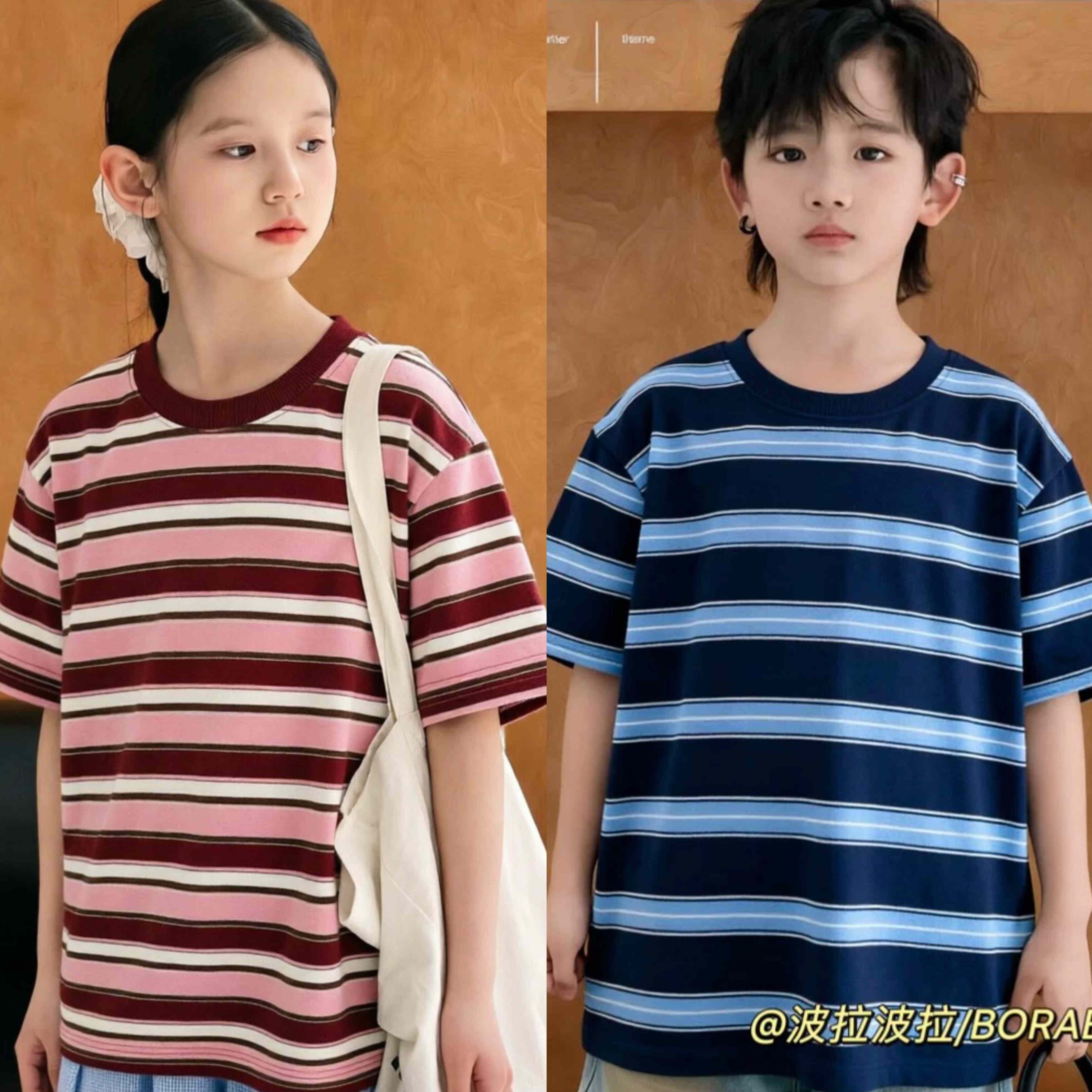 波拉实体店儿童装秋夏款男童条纹短袖t恤夏季中大童女童潮款上衣图片