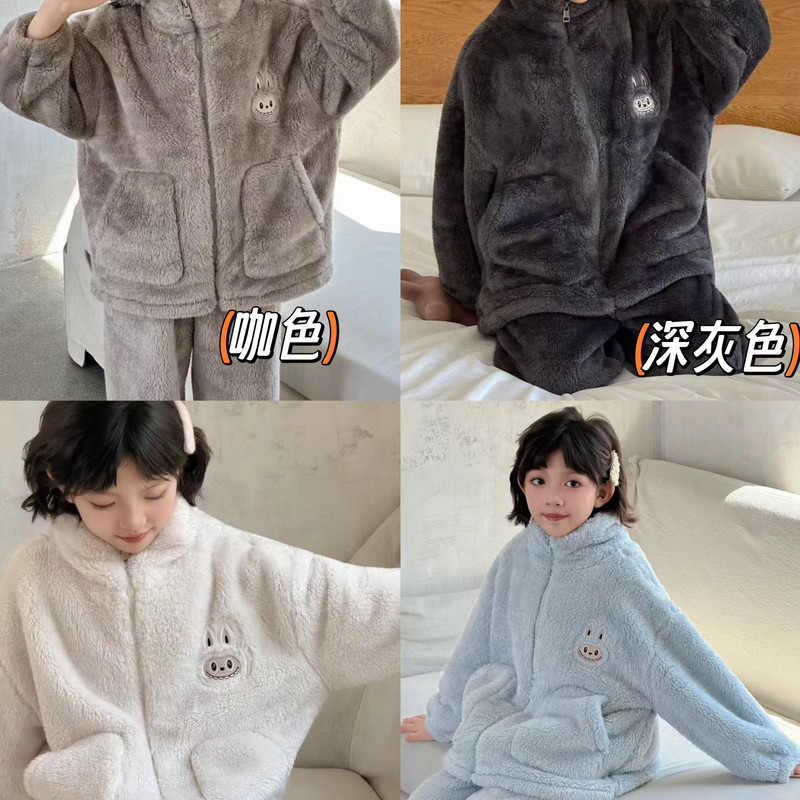 波拉韩国童装女童男童中大童冬装拉布布珊瑚绒睡衣家居服套装