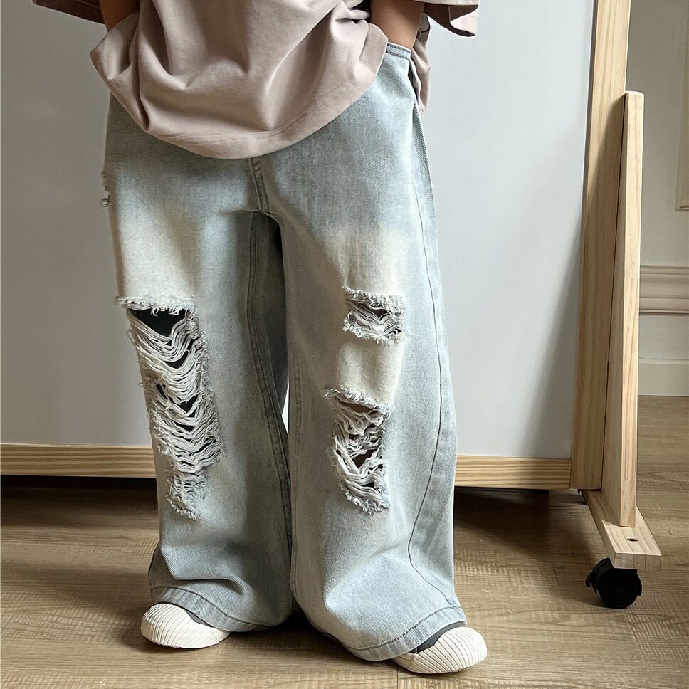 店儿童装春款童裤 潮款复古中大童破洞浅蓝色男女童洋气牛仔长裤