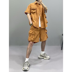 衬衫 短袖 短裤 套装 大风车夏季 男休闲宽松衬衣五分裤 潮牌设计感工装