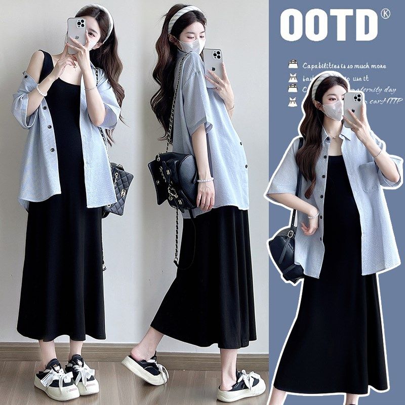 孕妇装夏装短袖条纹衬衫夏季背心裙孕妇套装连衣裙两件套休闲裙子