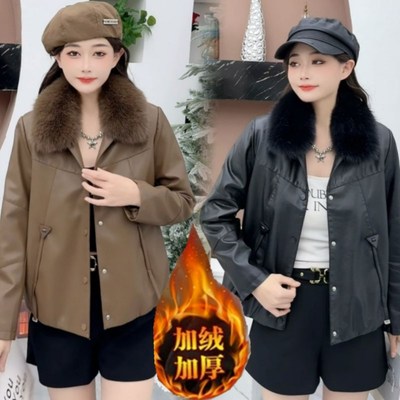 加绒皮衣外套女2024年冬季新款小个子短款L配毛领pu皮尤机车服夹