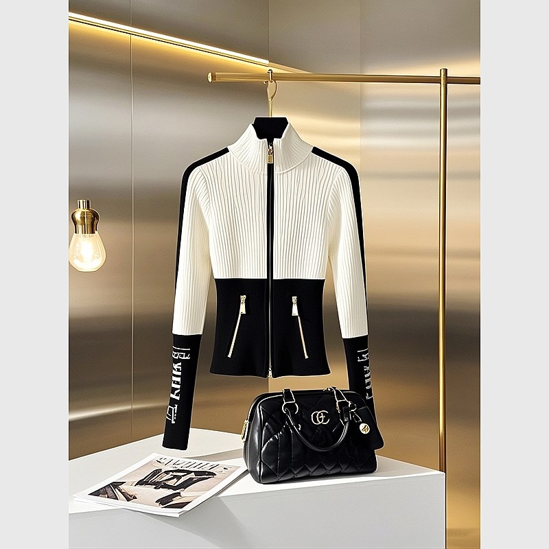 今年爆款黑白撞色立领针织卫衣外套女冬季2025修身内搭Z打底衫毛