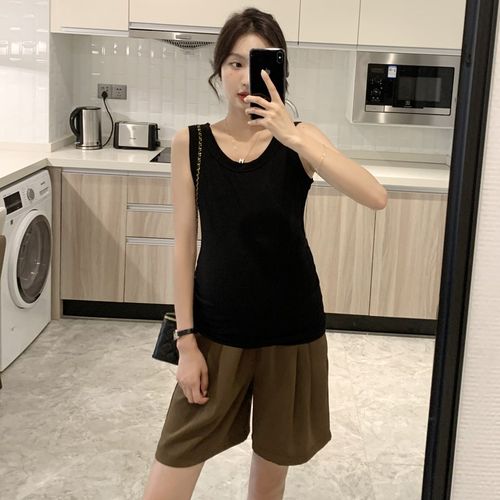 孕妇夏装无袖吊带背心纯色外穿简约时尚百搭休闲圆领上衣夏中长款