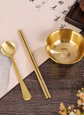 黄铜碗筷勺三件套家用餐具摆件中式家居装饰金属工艺品送人套装