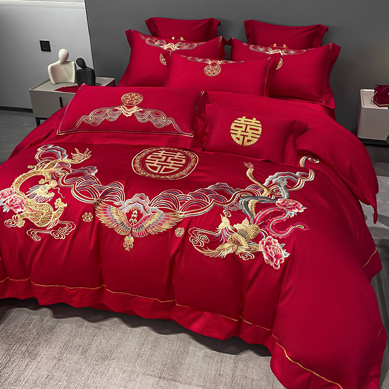 龙凤喜被四件套结婚高档刺绣大红色被套床单床笠婚庆陪嫁床上用品