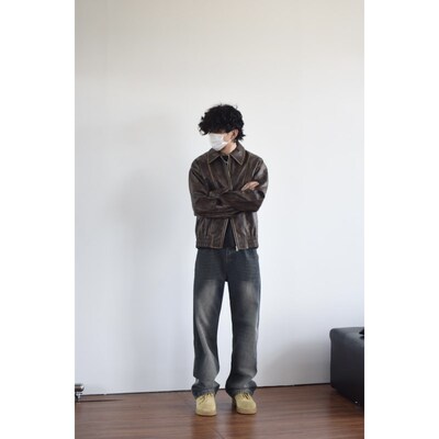 X1617 美式复古PU皮翻领夹克皮衣秋冬宽松潮流上衣短款显高外套男