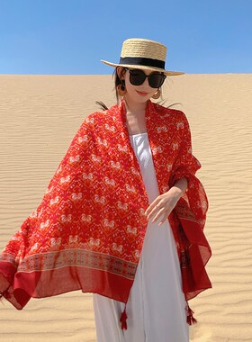 夏季红色纱巾旅行外搭两用长巾棉麻民族风复古海边遮阳.围巾女披