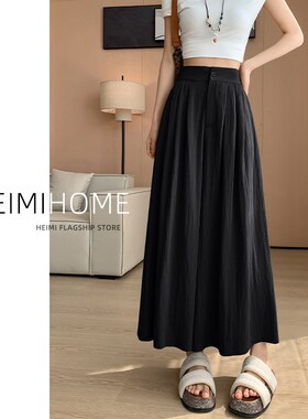 黑色冰丝阔腿裤女夏季薄款休闲垂感九分裙M裤小个子宽松棉麻山本