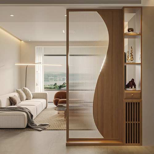 新中式实木屏风隔断客厅玄关家用遮挡餐厅装饰移动置物柜茶室玻璃