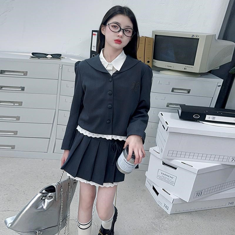 女童2025新款学院风小女孩短款西装外H套+百褶半身裙洋气两件套装