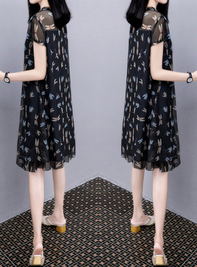 2021夏c季新款时尚印花圆领黑色网纱裙中长款宽松显瘦大码连衣裙