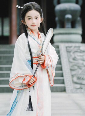 古装女童汉服战国袍广袖直裾裙y子儿童夏季中国风白色套装写真旅