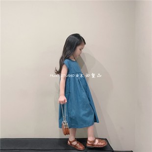 木西童品2024夏韩版女童蓝色棉麻长裙女宝宝P森系娃娃裙公主连衣