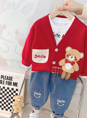 男宝宝红色套装2023新款春秋季洋气婴儿帅气O小童装0一4岁女童春