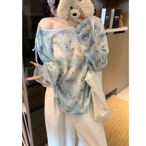 慵懒风杏色露肩蝴蝶结T恤蕾丝下摆微透宽松显瘦温柔风防晒罩衫-