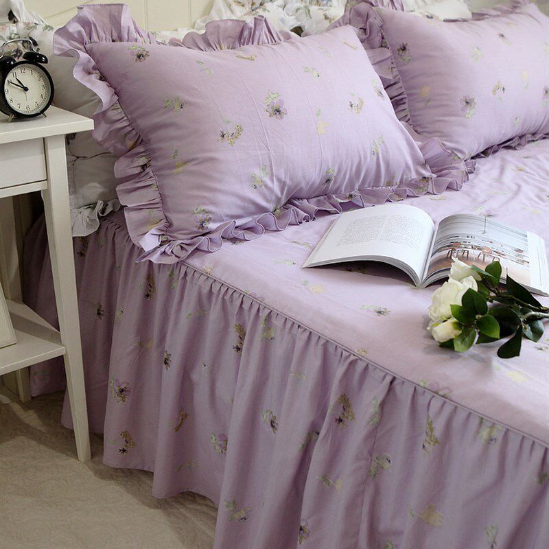 欧式田园高贵紫花纯棉裙式单双人全棉单件床裙床罩床单(1件床裙)
