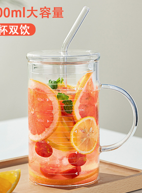 玻璃杯家用大容量带刻度喝水杯z子加厚耐高温办公室喝茶带把手杯