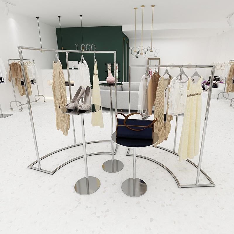 不锈钢银色服装架挂衣架半圆形弧形落地式服装展示架服装店流水台