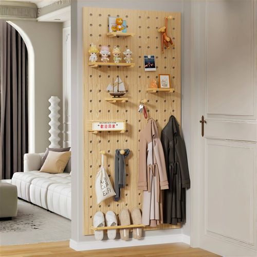 洞洞板置物架实木入户玄关墙面墙上置物架免漆板造型墙定制收纳架