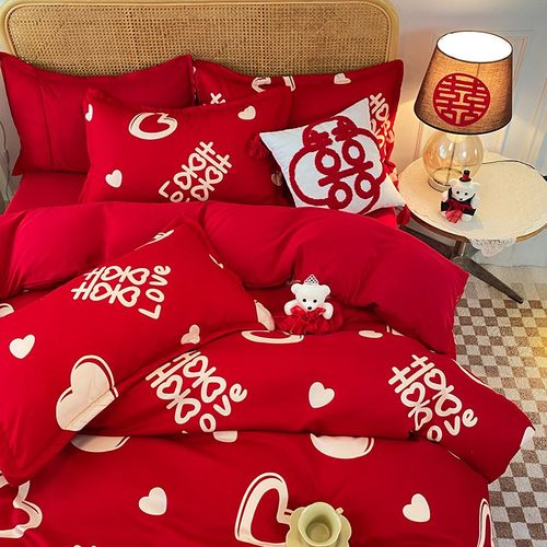婚庆喜被床上四件套大红色结婚床单被套婚嫁新婚房磨毛非全棉纯棉