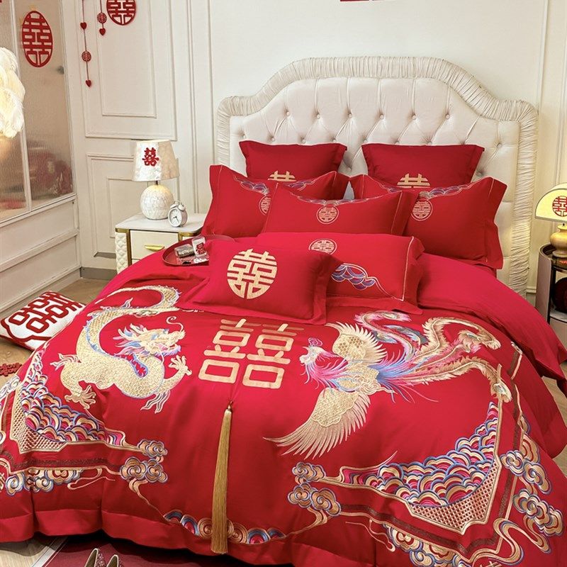 高档中式龙凤刺绣结婚四件套大红色纯棉被套床单喜被婚庆床上用品