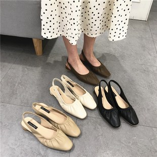 百搭甜美淑女后空凉拖鞋 秋韩版 女平底跟方头奶奶单鞋 褶皱包头凉鞋