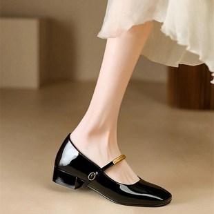 厚跟法国平底鞋 高跟鞋 小皮鞋 2025新赫本风格 玛丽简女士夏季