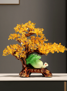 天然黄水晶发财树摇钱树摆件手工编织招财乔迁新居客厅送礼装饰品