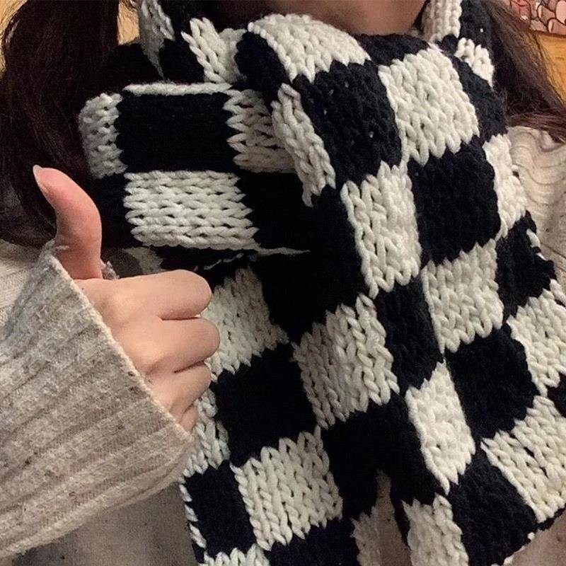 棋盘格围巾手工编织diy材料包手织围脖情人棉线团织亲肤送女友红