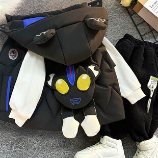 男宝宝秋冬装套装2025新款儿童洋气秋冬加绒加厚羽绒棉马甲三件套