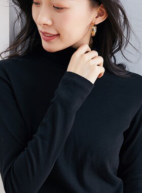 柔软亲肤纯棉纯色黑色高领打底衫女 长袖春秋宽松常规加厚大码T恤