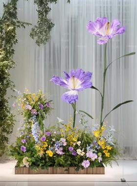 清新紫色花艺橱真窗遮PXM造景仿绿植丛摆件花大型纸花室内软装挡