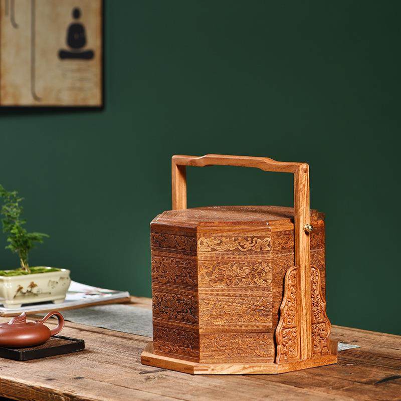缅甸花梨木提复古中式点心盒雕花三层食篮实盒送餐盒带木盖收缅甸