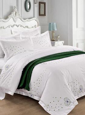 0s酒店床4纯上床用品棉印花四件套白色酒syts003店宾馆名宿单被套