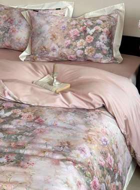 法式复风古棉轻奢绒LU长四件套纯棉花卉数码印花床单被套床品紫色