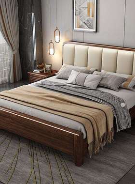 储中式实木床胡ltao1001桃木带物家轻用卧室奢软简靠双人床现代约