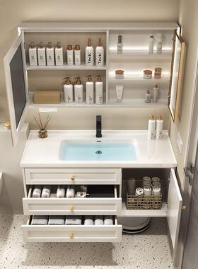 奶油卫生间洗漱洗台一体台盆浴手室柜组风合池智能镜84124子挂墙