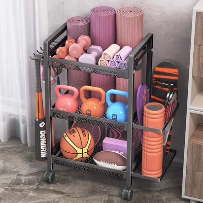 健身器材收纳架可移动家用瑜伽垫泡沫轴哑铃收纳筐运动用品置物架