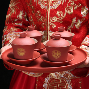 宫廷红女方陪嫁闺蜜送新人礼物婚庆用品 结婚敬茶杯喜碗红色套装