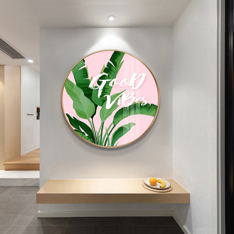 现代简约装饰画 客厅沙发背景墙植物叶子壁画玄关过道圆形壁画图片