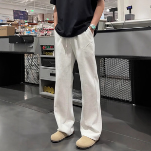 美式白灰色弯刀卫裤男款秋季垂坠感斜切直筒裤高腰显腿长微喇裤子